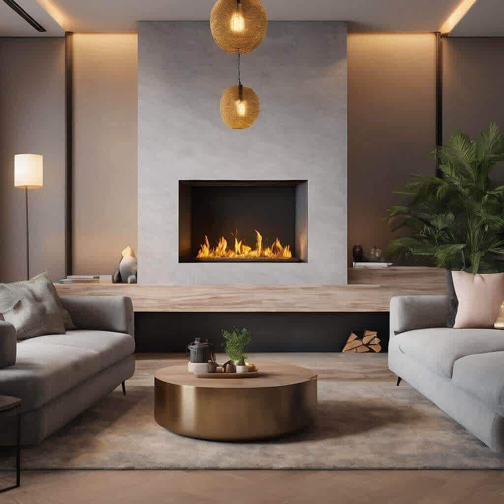 Modern salon dekorasyonunda yer alan şık yerleşik duvar şöminesi; sıcak aydınlatmalar, gri tonlarda koltuklar ve yuvarlak orta sehpa ile oluşturulmuş lüks ve huzurlu yaşam alanı.