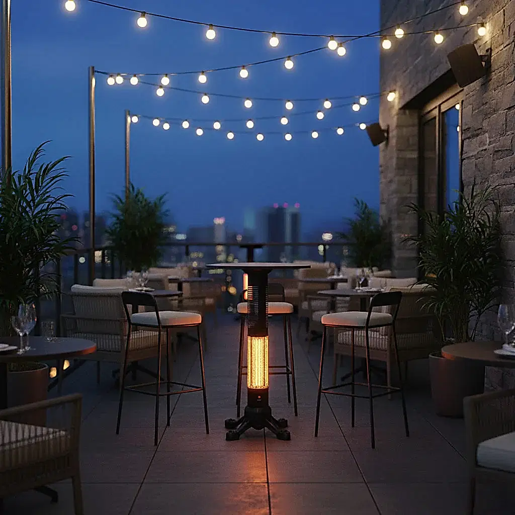 Akşam manzaralı modern bir teras kafe ortamında, masa ve sandalyeler arasında konumlandırılmış siyah gövdeli elektrikli infrared dış mekân ısıtıcı. Üstte dekoratif ışık zincirleriyle sıcak ve konforlu bir atmosfer oluşturulmuş.