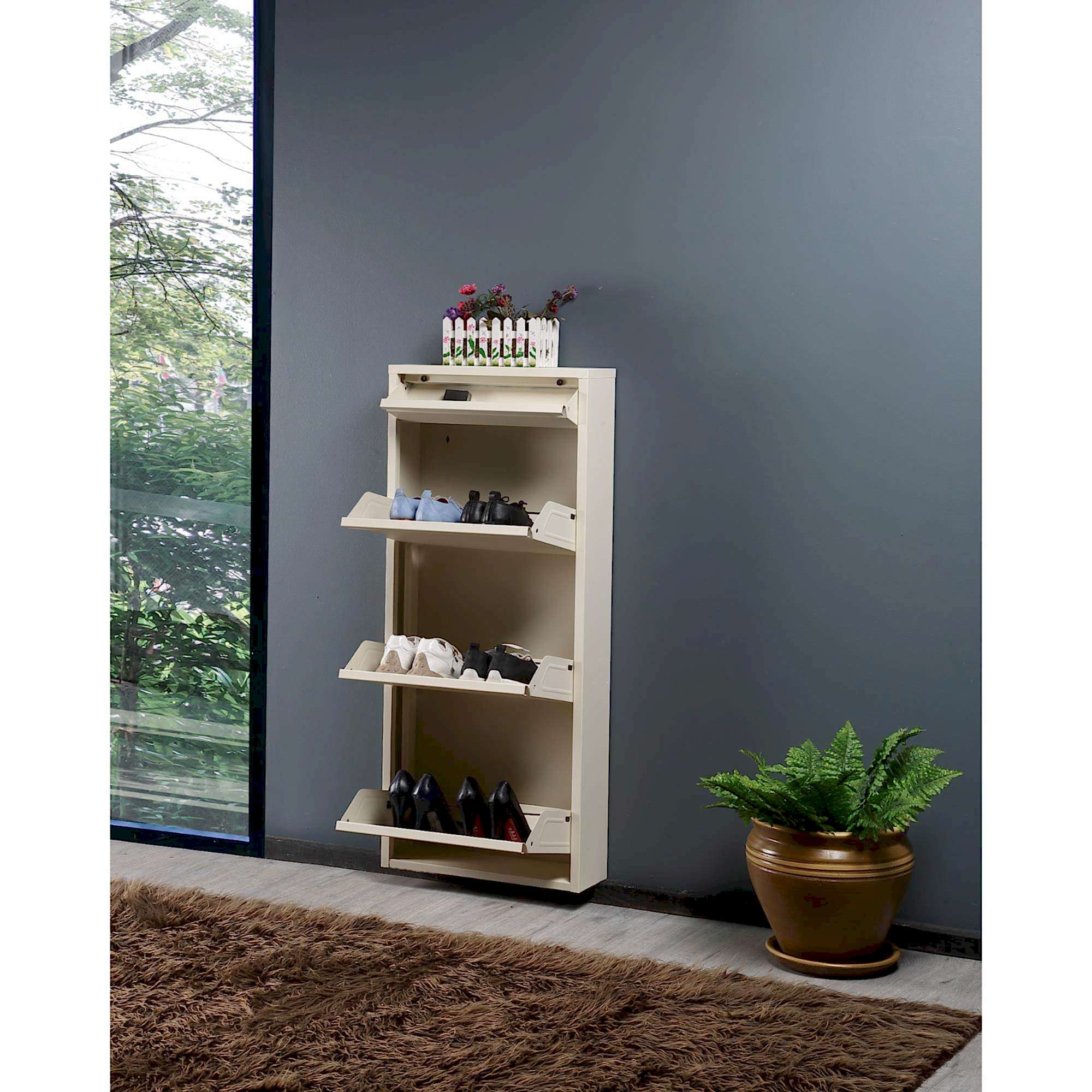 3+1 Raflı Metal Ayakkabılık | Krem | Ayakkabı Dolabı