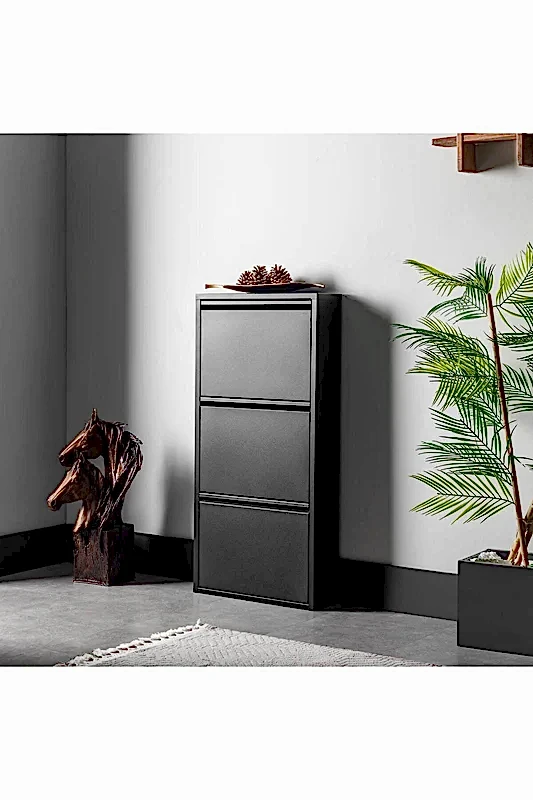 3 Raflı Metal Ayakkabılık | Siyah | Üç Çekmeceli | Ayakkabı Dolabı