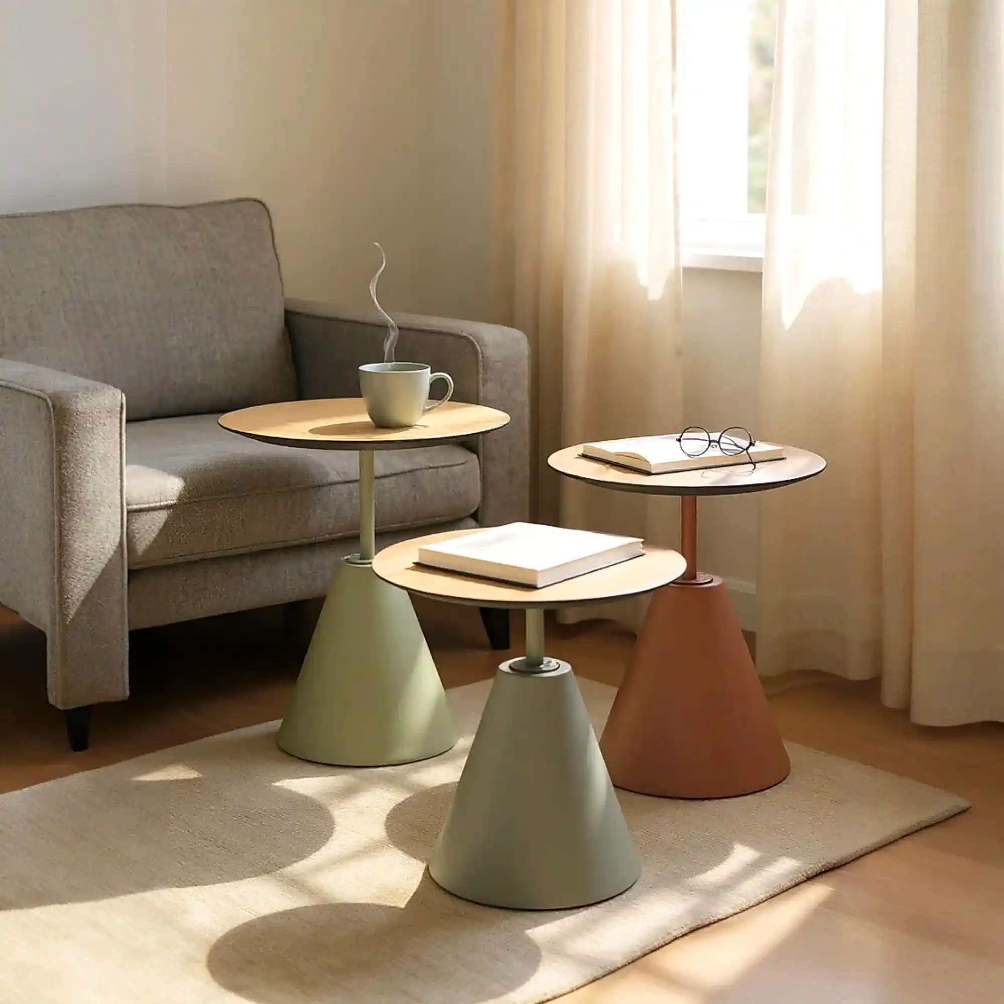 Üçlü Mantar Zigon Sehpa Seti No:553 | Rehome Renkli Yuvarlak MDF Modern Sehpa Takımı